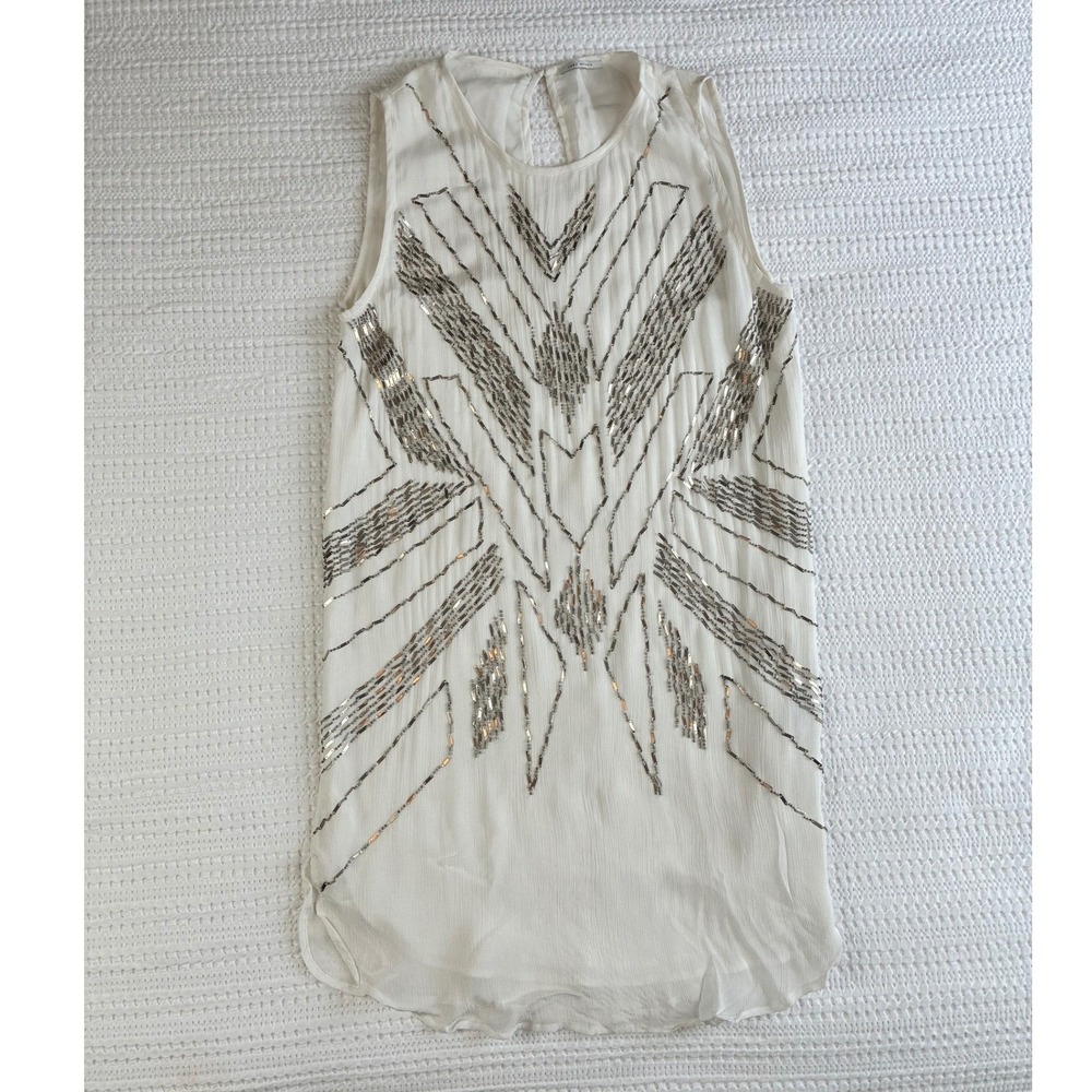 IKKS Shift Dress Mini White Metallic Beading Embellished Festival Women 38 or M